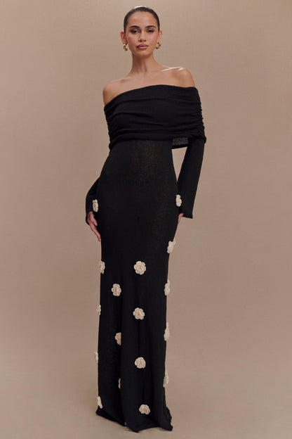Knit Off-Shoulder 3D Flower Maxi Dress