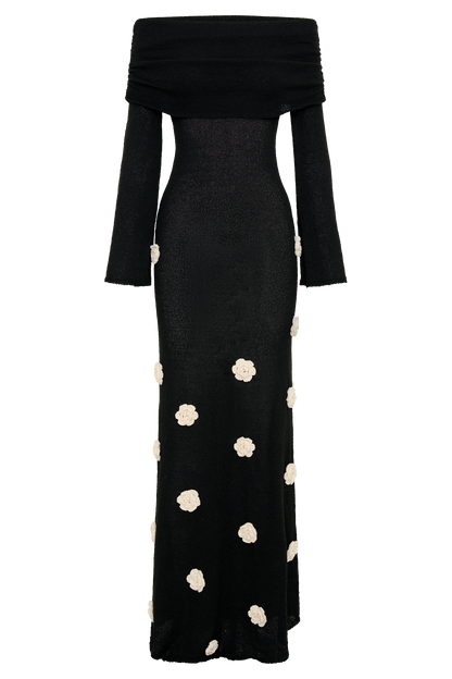 Knit Off-Shoulder 3D Flower Maxi Dress