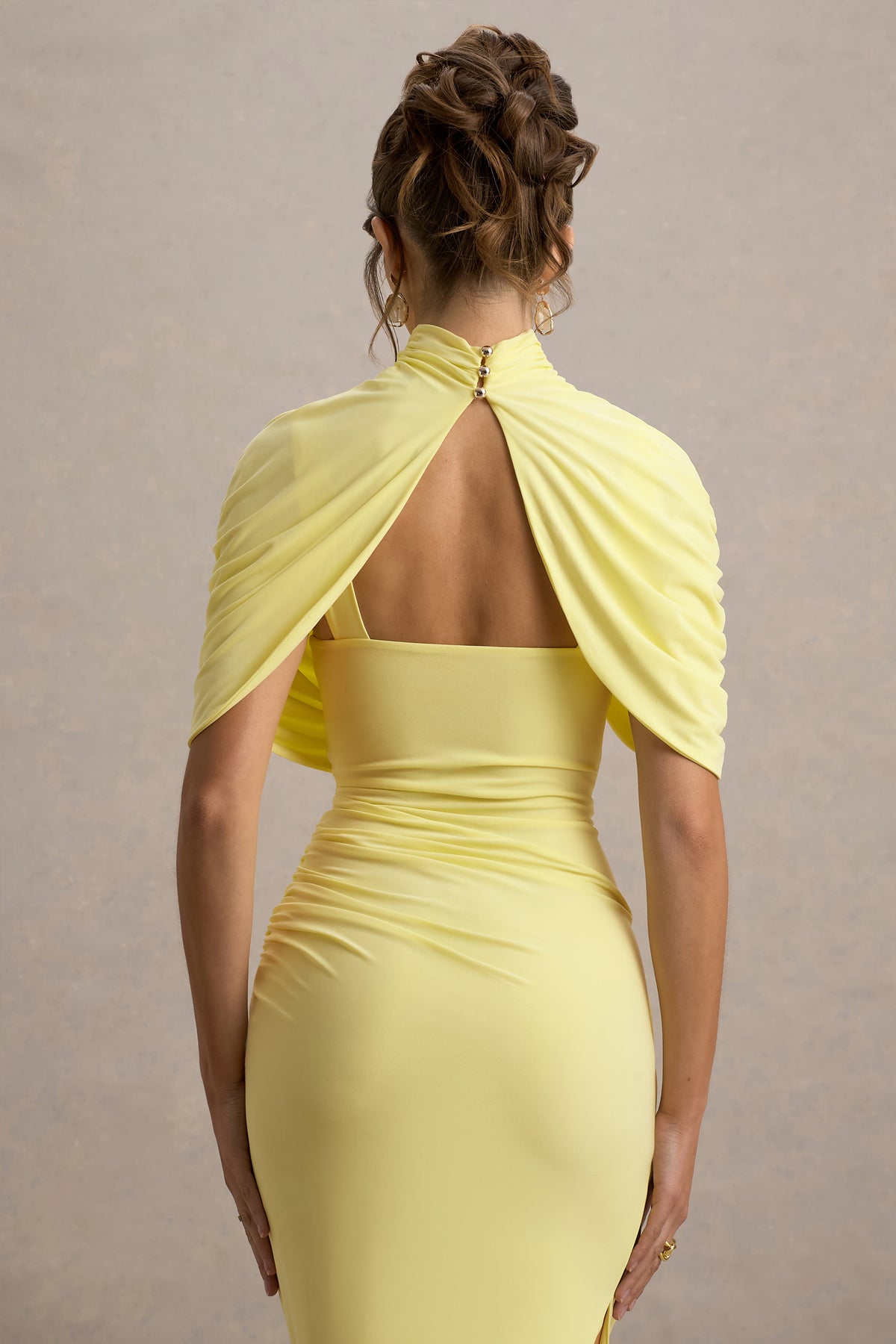 Lemon Asymmetric Twisted Cape Midi Dress