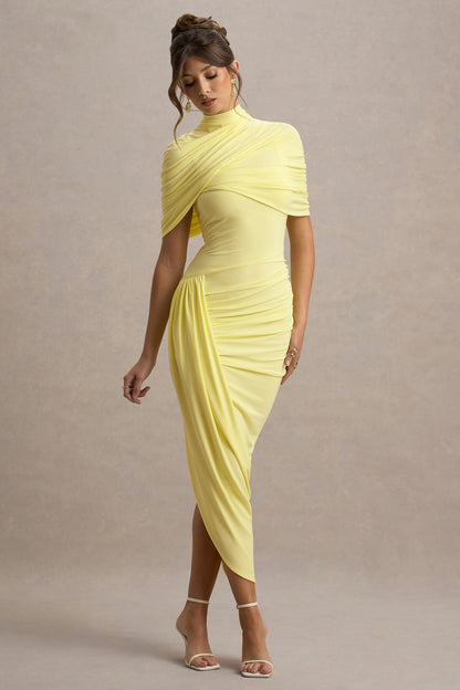 Lemon Asymmetric Twisted Cape Midi Dress