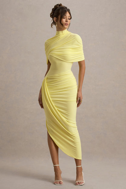 Lemon Asymmetric Twisted Cape Midi Dress