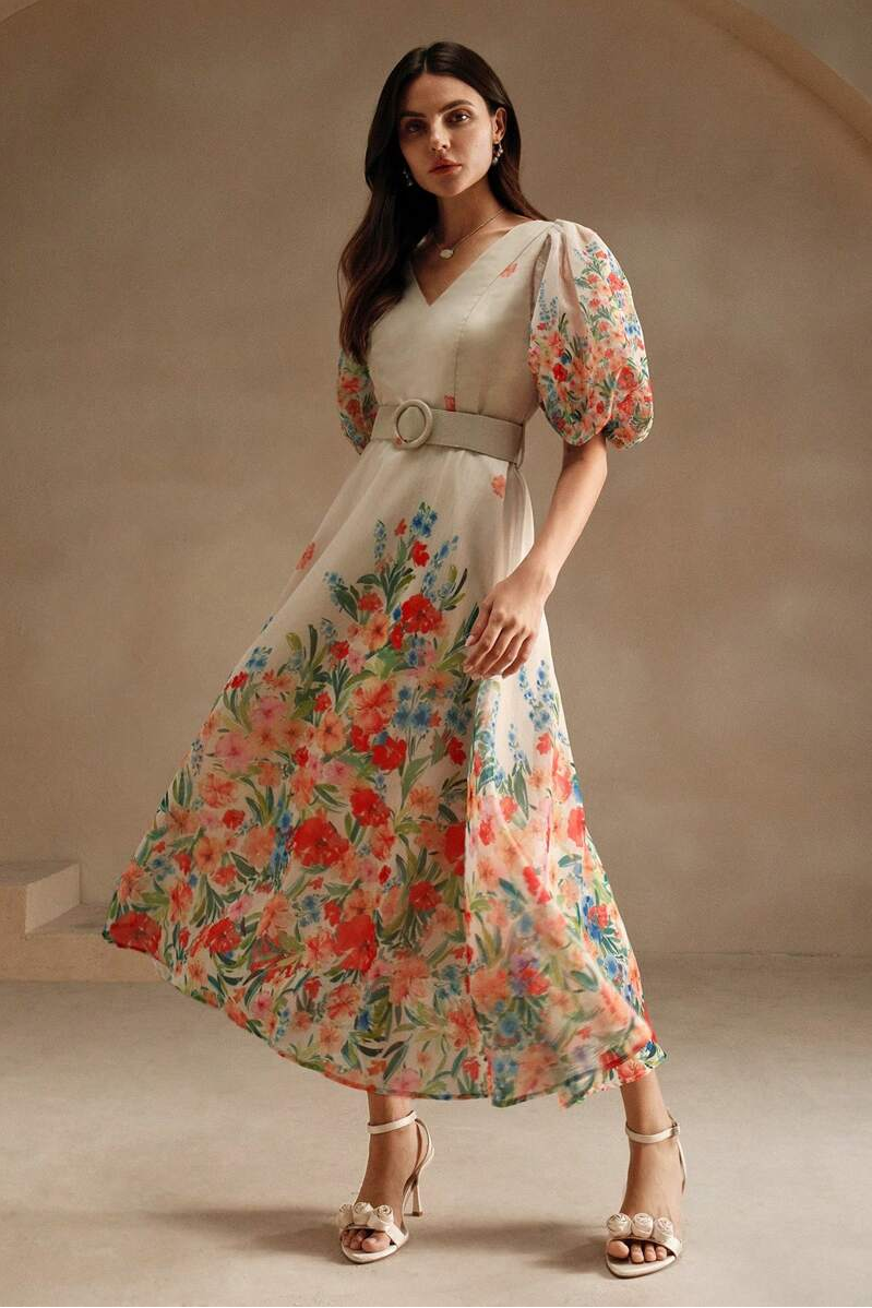 Floral V-Neck Midi Dress With Belt