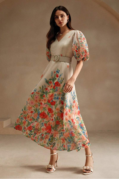 Floral V-Neck Midi Dress With Belt