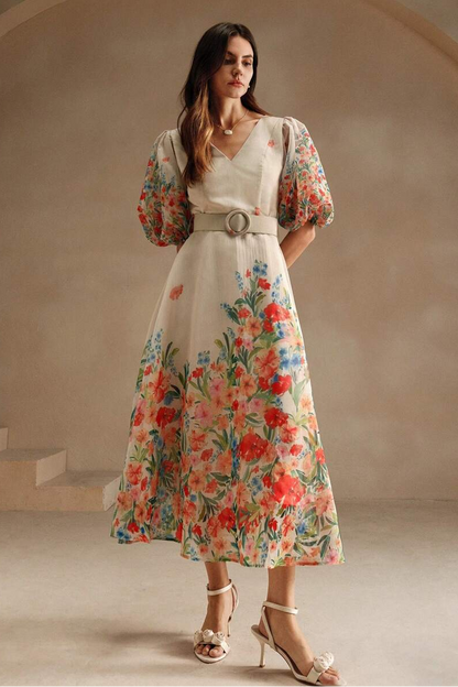 Floral V-Neck Midi Dress With Belt