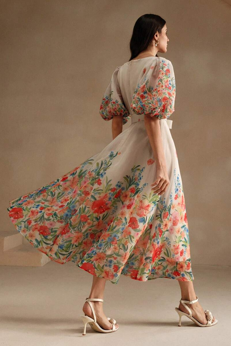 Floral V-Neck Midi Dress With Belt