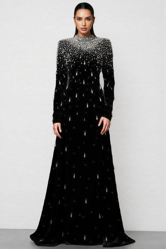 Junrty Black Pearl Beaded Maxi Dress