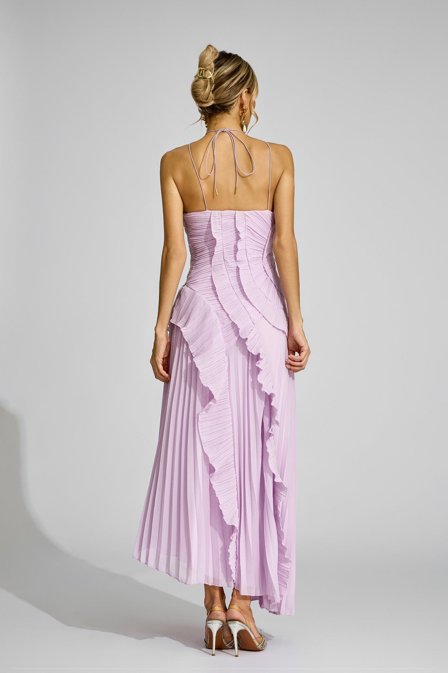 Moses Purple Asymmetric Pleated Halter Dress