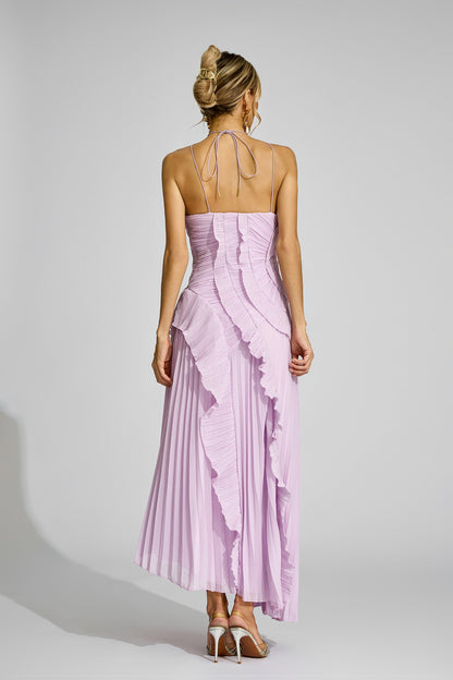 Moses Purple Asymmetric Pleated Halter Dress