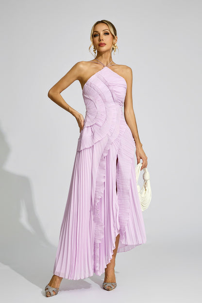 Moses Purple Asymmetric Pleated Halter Dress