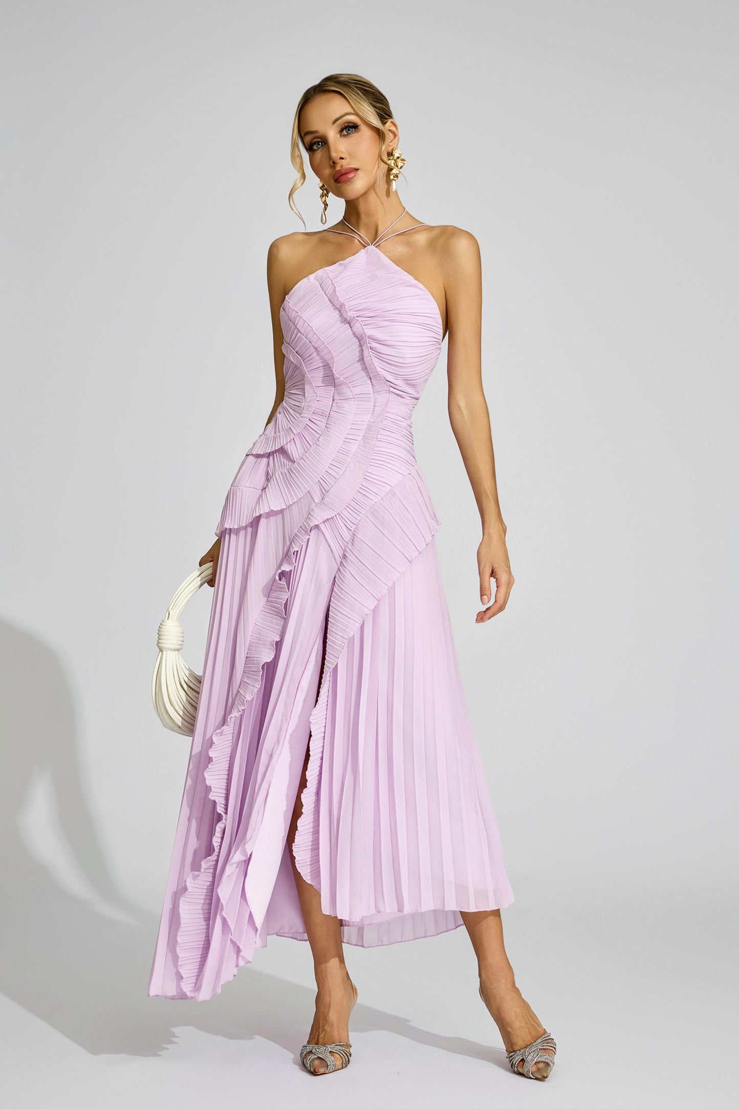 Moses Purple Asymmetric Pleated Halter Dress
