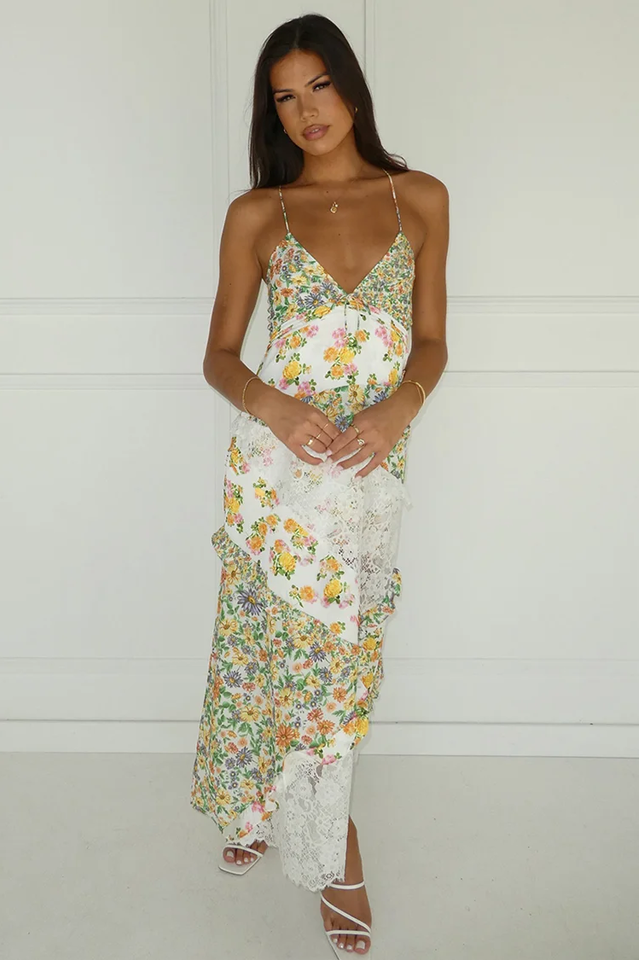 Floral Print Lace Backless Slip Dress