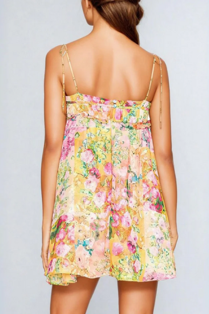 Chiffon Floral Print Empire Waist Mini Dress