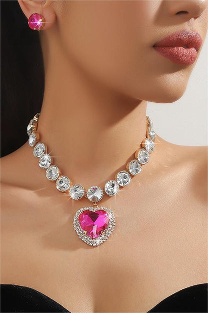 Faux Diamond Stud Earrings & Heart Nacklace Set