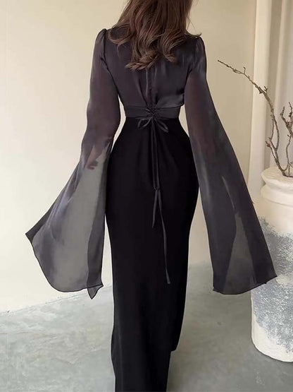 Elegant Flared Sleeves Satin Maxi Dress