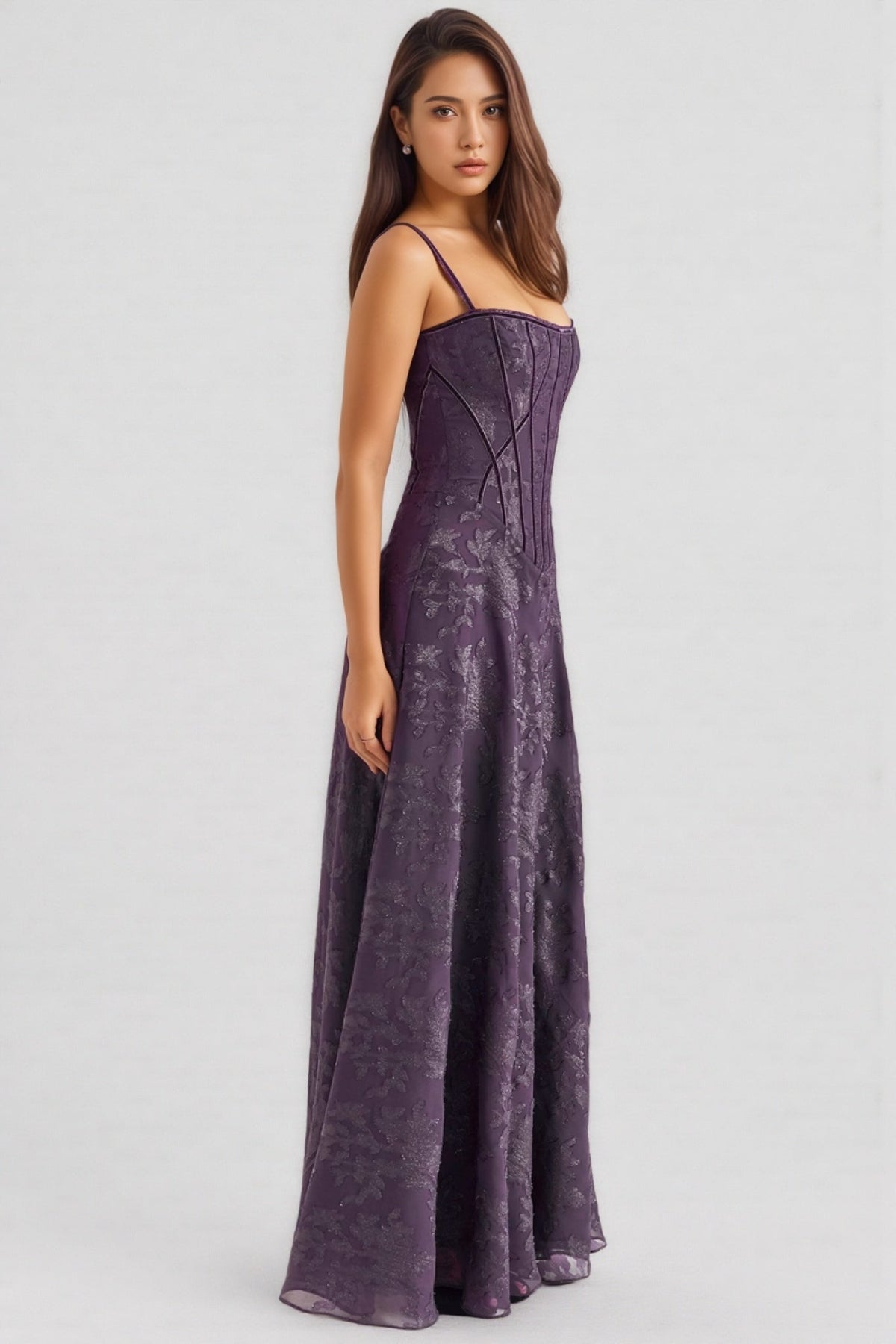 Celeste Purple Sequin Flower Lace Maxi Dress
