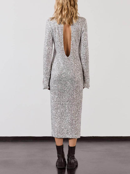 Sequin Sparkly Nights Long Sleeve Open Back Loose Midi Dress