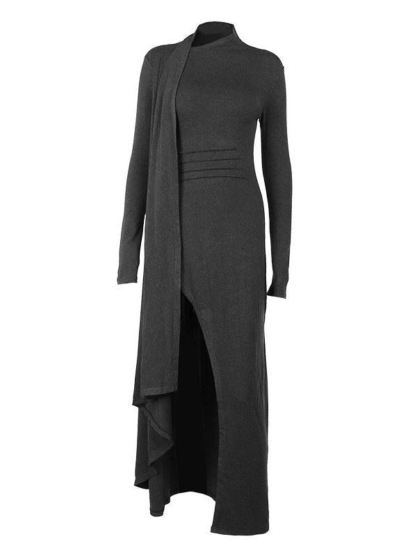 Unique knitted long sleeve sexy slit slim maxi dress