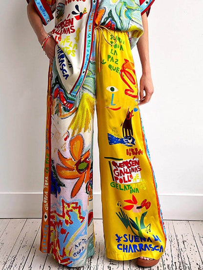 Unique Print Elastic Waist Pocket Pants