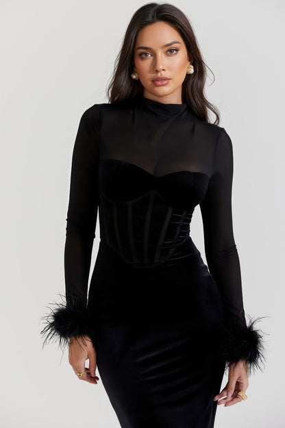 Kaci Black Velvet Midi Dress