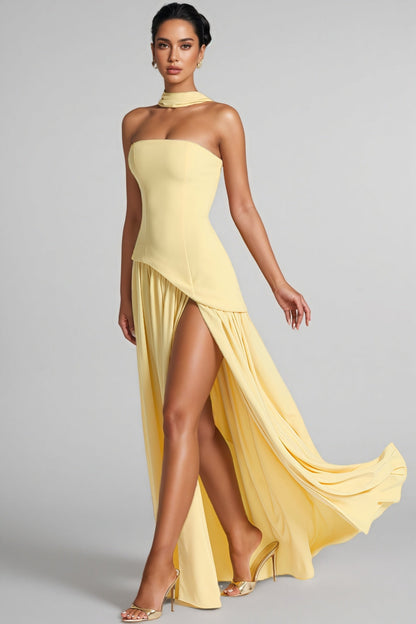 Amorlt Yellow Irregular Slit Maxi Dress