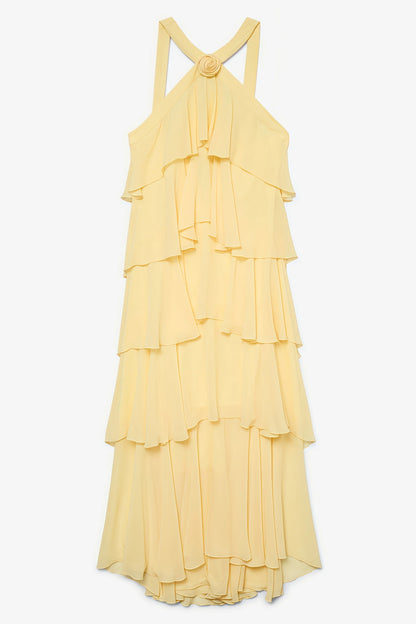 Kairot Yellow Backless 3D Flower Maxi Dress