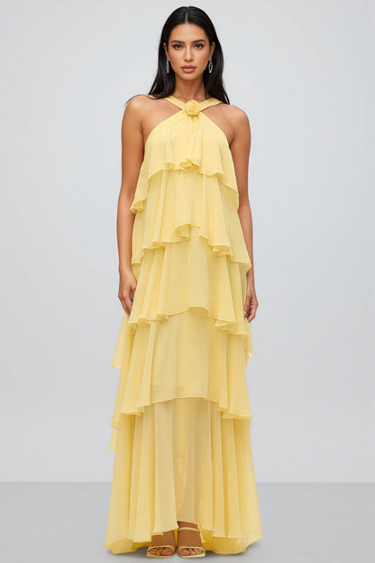 Kairot Yellow Backless 3D Flower Maxi Dress