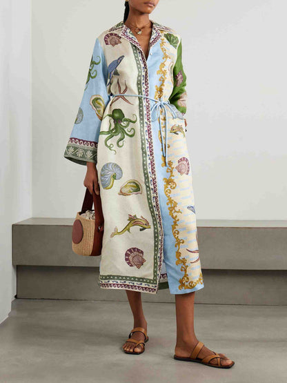 Unique Deep Sea Floral Print Single Breasted Midi Shirt Dress